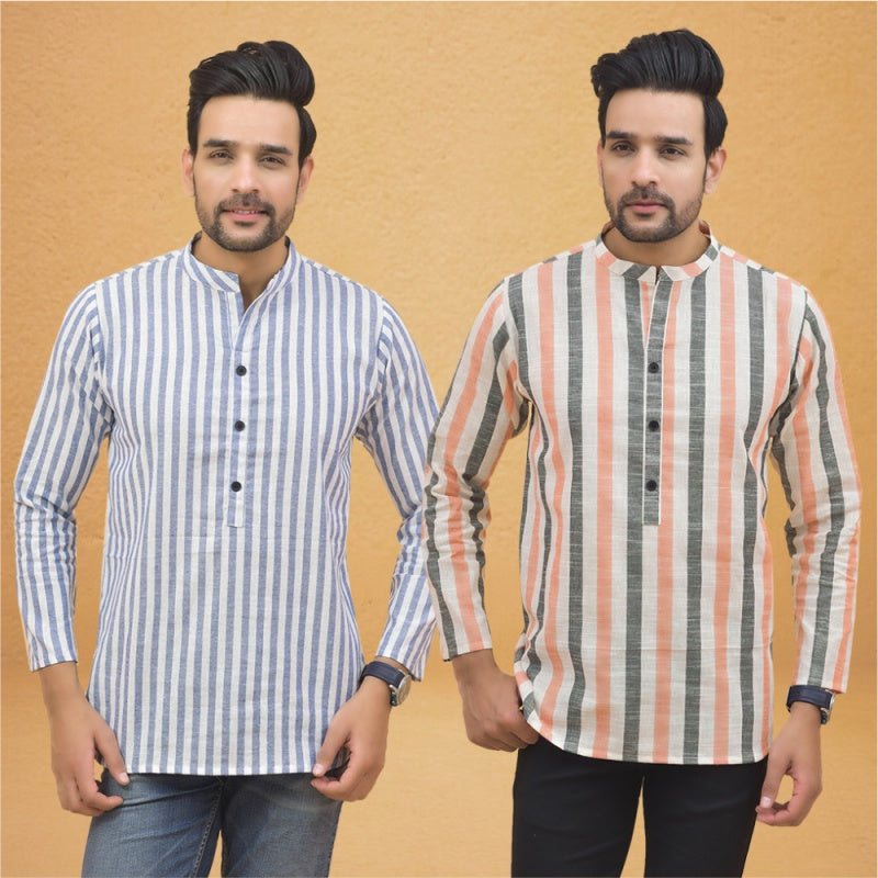 Combo of 2 Men Stripe Cotton Handloom Kurta White Peach-25030