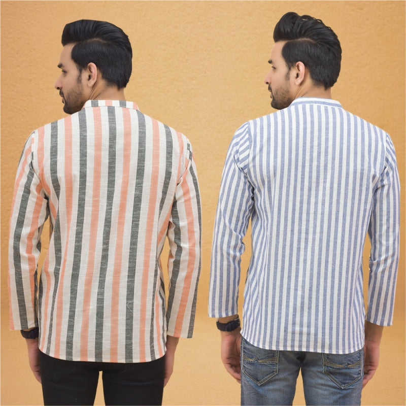 Combo of 2 Men Stripe Cotton Handloom Kurta White Peach-25030