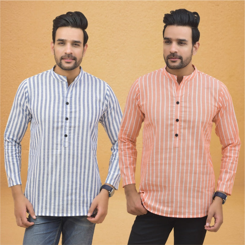 Combo of 2 Men Stripe Cotton Handloom Kurta White Peach-25038
