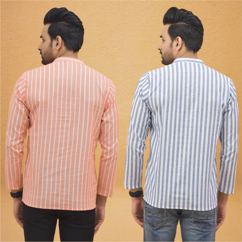 Combo of 2 Men Stripe Cotton Handloom Kurta White Peach-25038