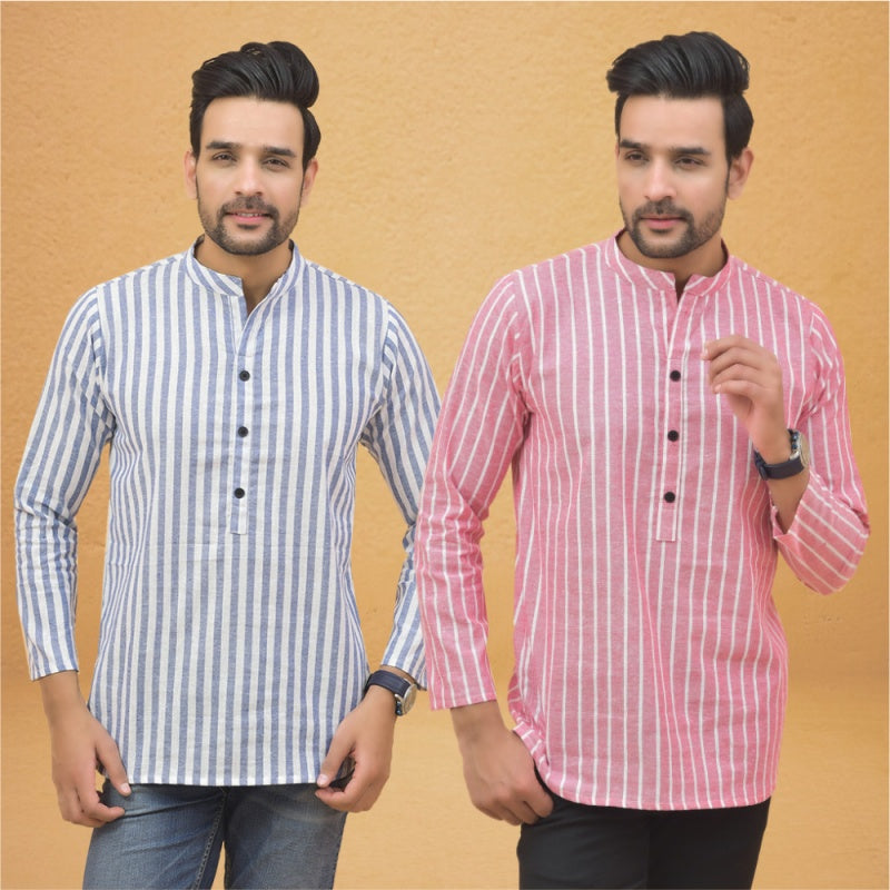 Combo of 2 Men Stripe Cotton Handloom Kurta White Pink-25063