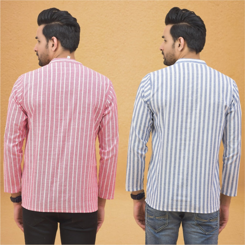 Combo of 2 Men Stripe Cotton Handloom Kurta White Pink-25063