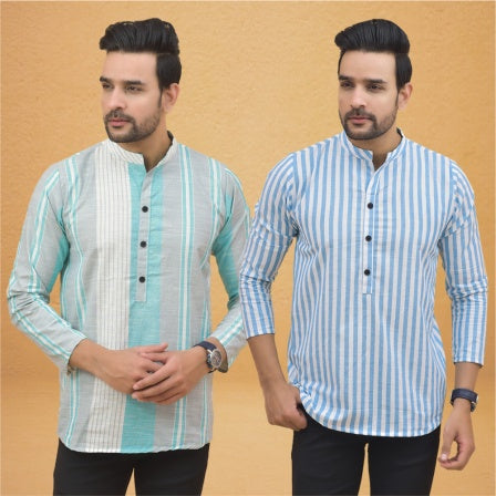 Combo of 2 Men Stripe Cotton Handloom Kurta White Sky Blue-25017