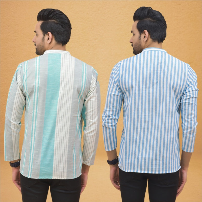 Combo of 2 Men Stripe Cotton Handloom Kurta White Sky Blue-25017