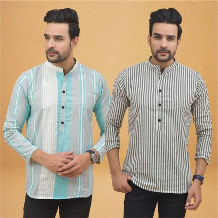 Combo of 2 Men Stripe Cotton Handloom Kurta White White-25041