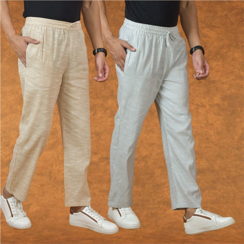 Combo of 2 Men White Beige Cotton Handloom Solid Pant-15053