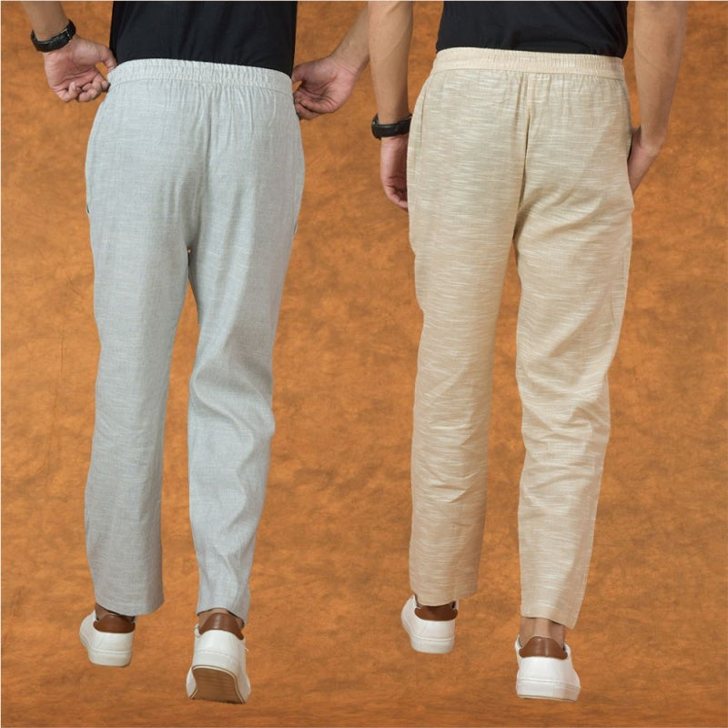 Combo of 2 Men White Beige Cotton Handloom Solid Pant-15053