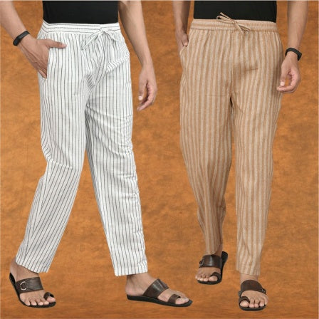 Combo of 2 Men White Beige Cotton Handloom Stripe Pant-15114