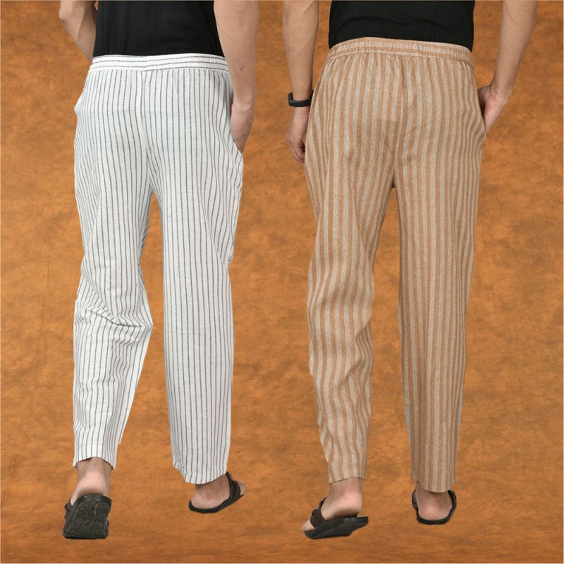 Combo of 2 Men White Beige Cotton Handloom Stripe Pant-15114