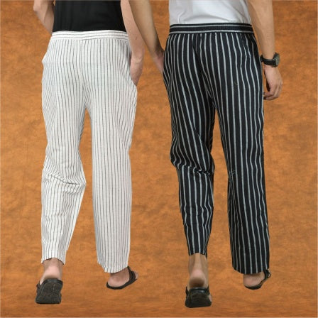 Combo of 2 Men White Black Cotton Handloom Stripe Pant-15100