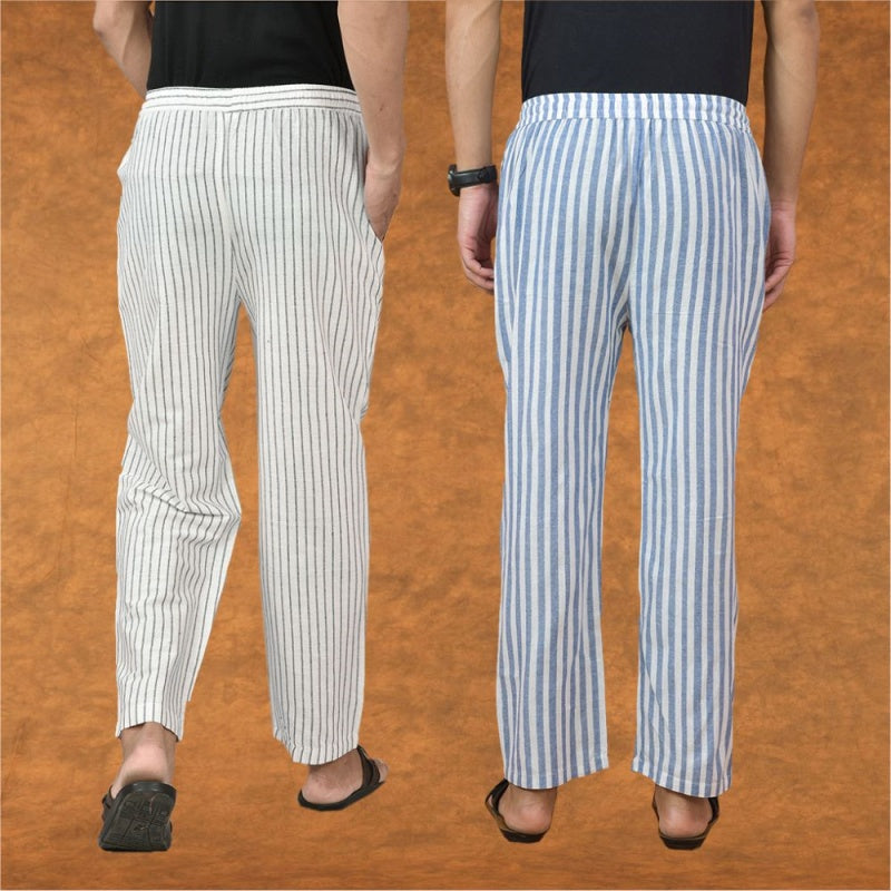 Combo of 2 Men White Blue Cotton Handloom Stripe Pant-15075