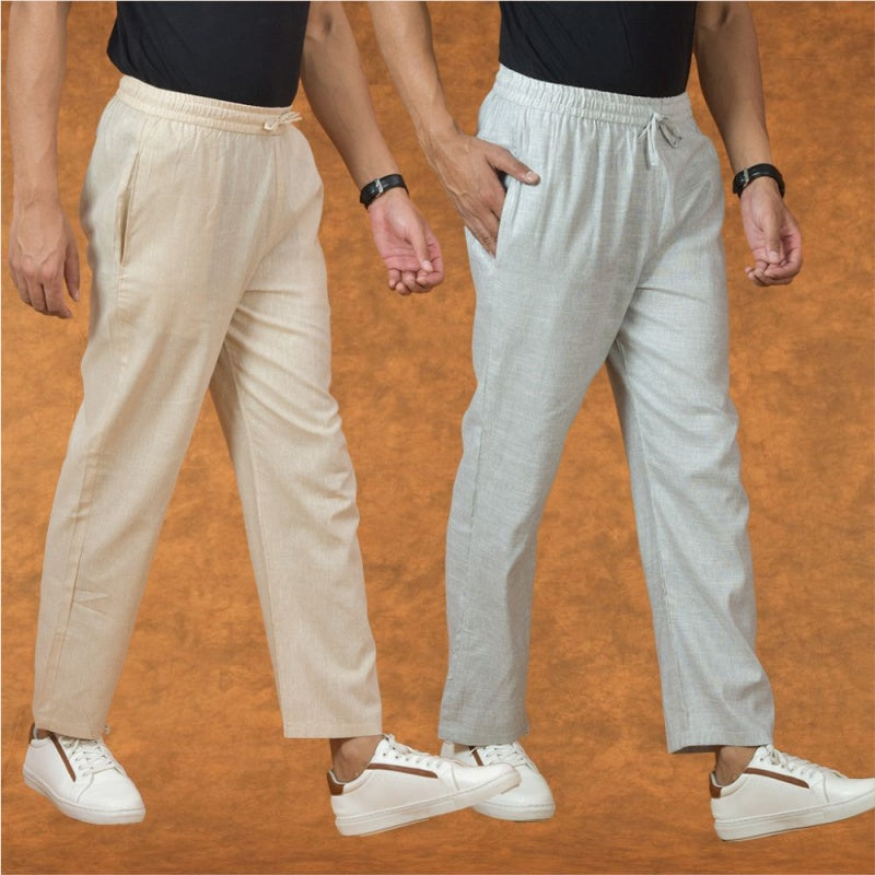Combo of 2 Men White Cream Cotton Handloom Solid Pant-15057