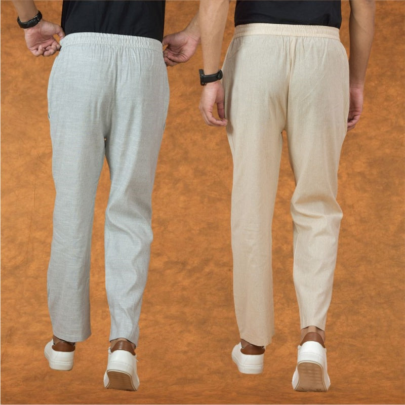 Combo of 2 Men White Cream Cotton Handloom Solid Pant-15057
