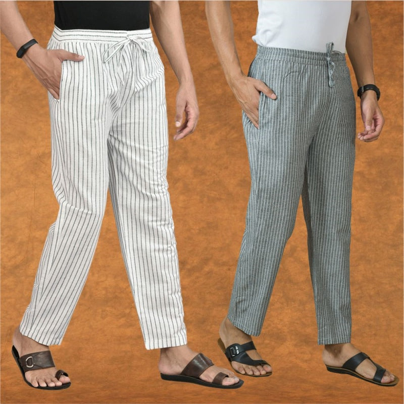 Combo of 2 Men White Gray Cotton Handloom Stripe Pant-15110