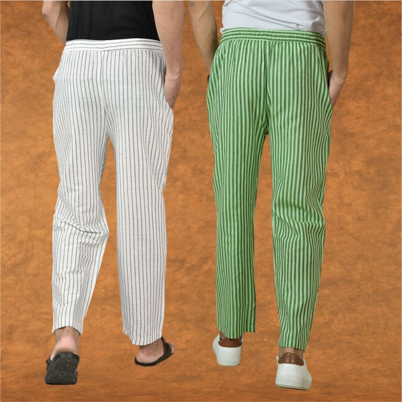 Combo of 2 Men White Olive Green Cotton Handloom Stripe Pant-15090