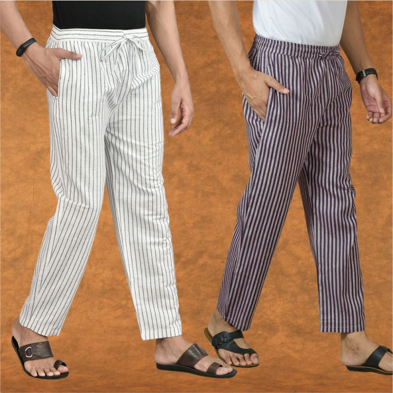 Combo of 2 Men White Purple Cotton Handloom Stripe Pant-15105