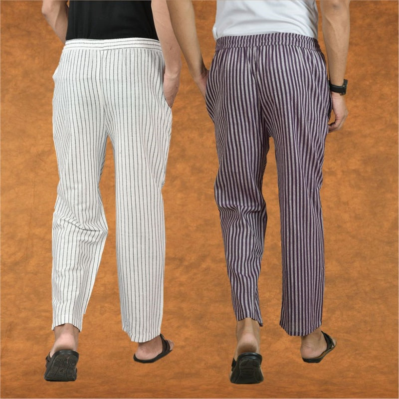 Combo of 2 Men White Purple Cotton Handloom Stripe Pant-15105