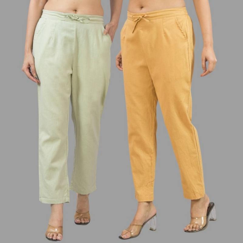 Combo of 2 Mint Green and Beige Cotton Flax Women Trouser Pants-11340