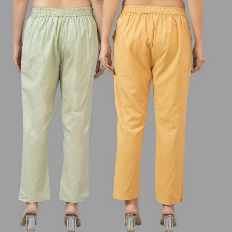 Combo of 2 Mint Green and Beige Cotton Flax Women Trouser Pants-11340