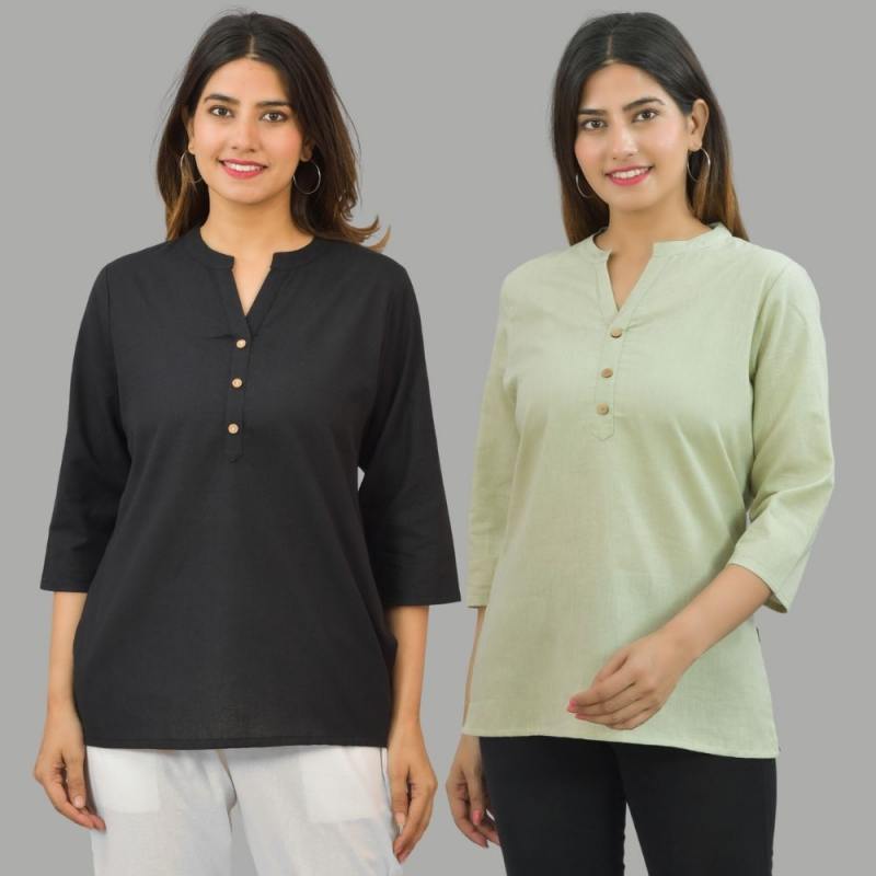 Combo of 2 Mint Green and Black Cotton Flax Women Top-10651