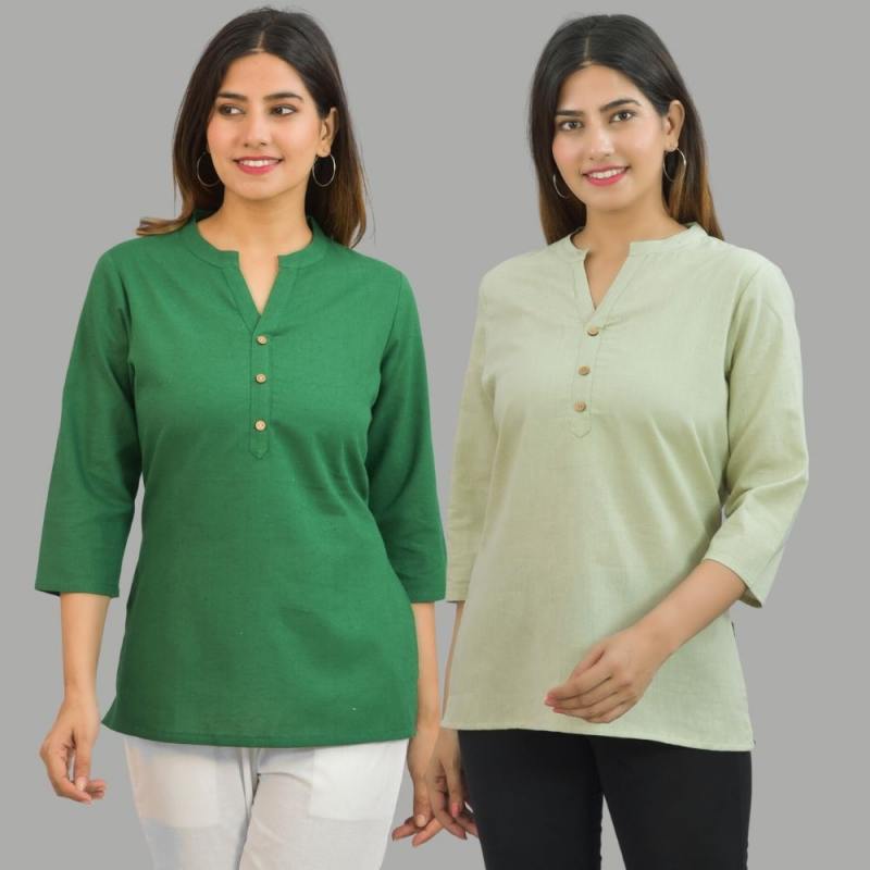 Combo of 2 Mint Green and Bottle Green Cotton Flax Women Top-10639
