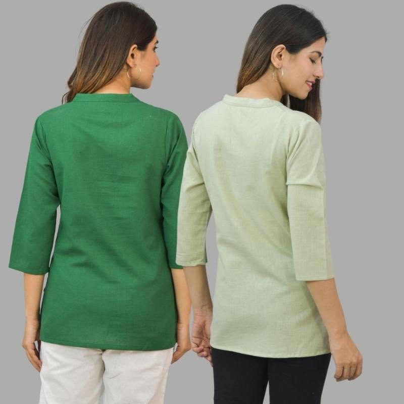 Combo of 2 Mint Green and Bottle Green Cotton Flax Women Top-10639