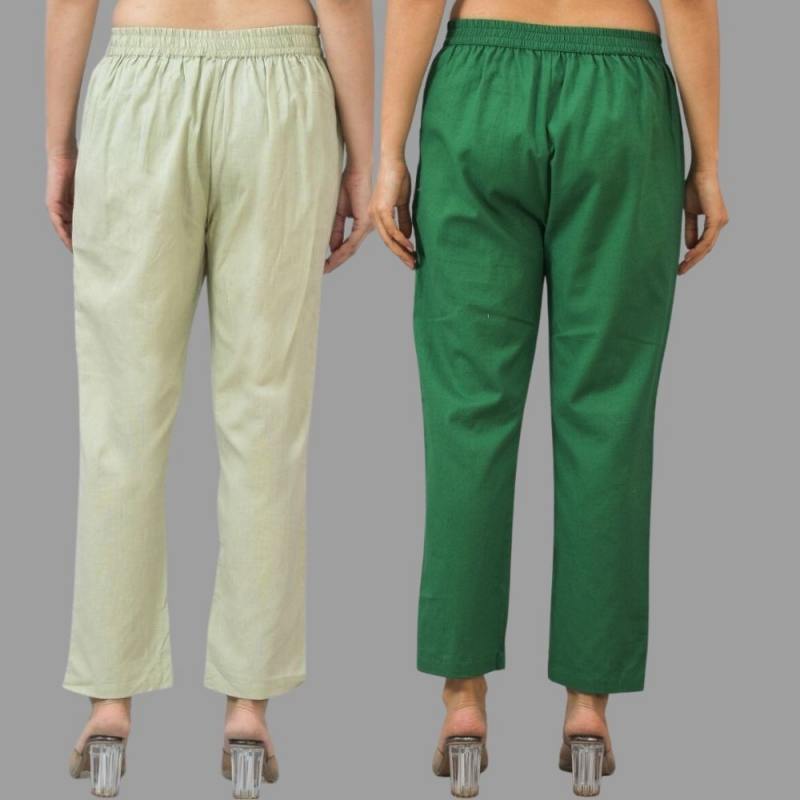 Combo of 2 Mint Green and Bottle Green Cotton Flax Women Trouser Pants-11341