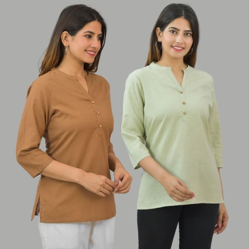 Combo of 2 Mint Green and Brown Cotton Flax Women Top-10657