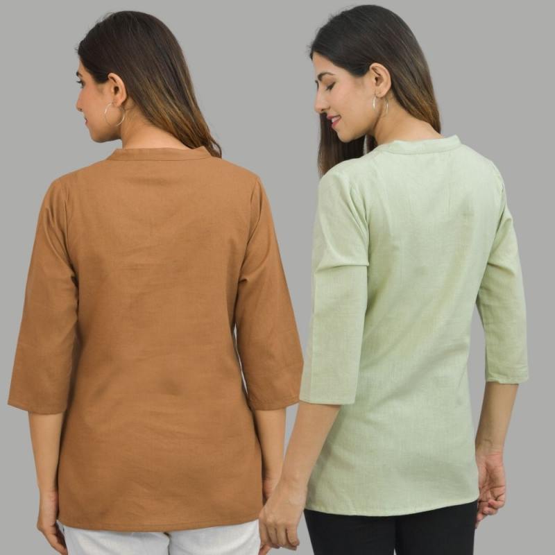Combo of 2 Mint Green and Brown Cotton Flax Women Top-10657