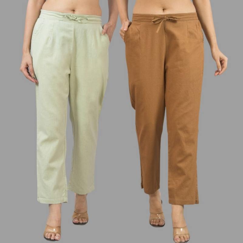 Combo of 2 Mint Green and Brown Cotton Flax Women Trouser Pants-11342