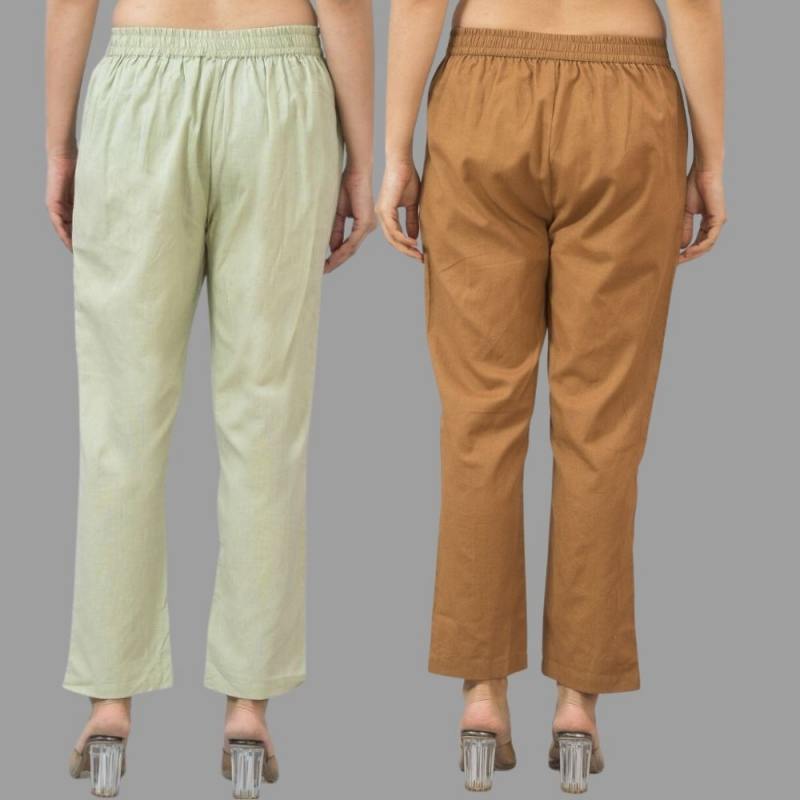 Combo of 2 Mint Green and Brown Cotton Flax Women Trouser Pants-11342