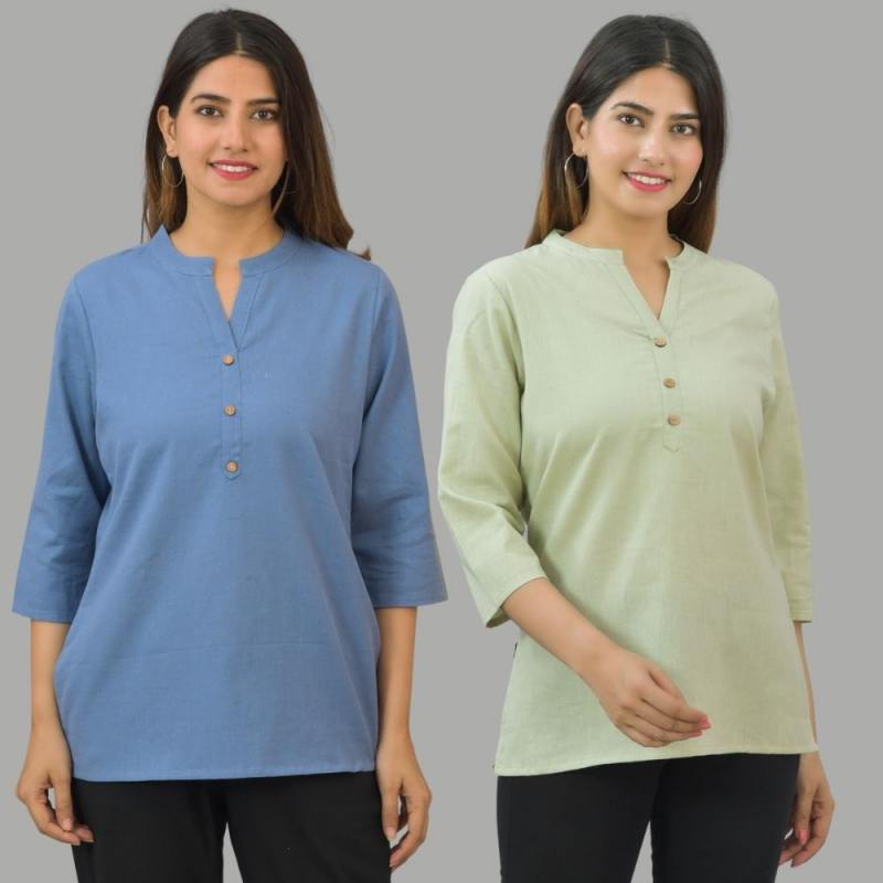 Combo of 2 Mint Green and Denim Blue Cotton Flax Women Top-10675