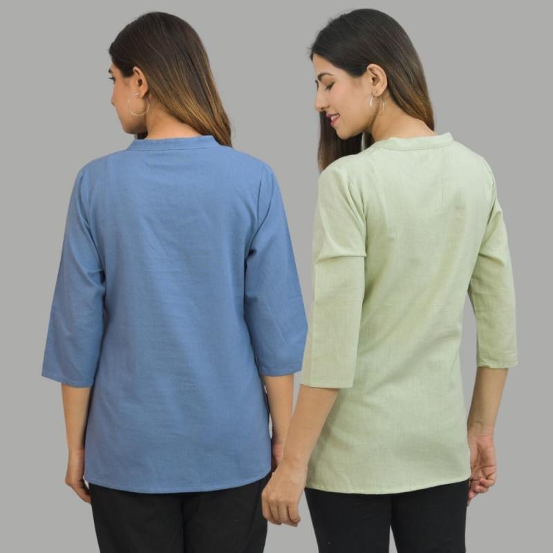 Combo of 2 Mint Green and Denim Blue Cotton Flax Women Top-10675