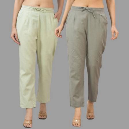 Combo of 2 Mint Green and Gray Cotton Flax Women Trouser Pants-11344