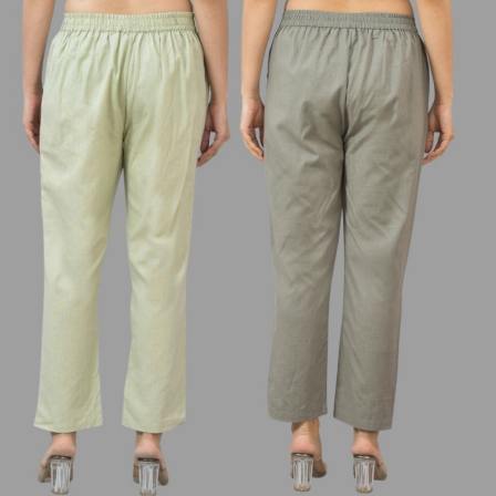 Combo of 2 Mint Green and Gray Cotton Flax Women Trouser Pants-11344