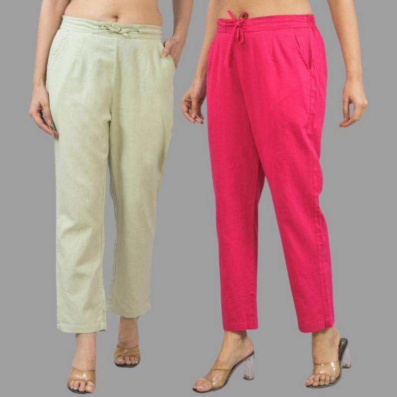Combo of 2 Mint Green and Magenta Pink Cotton Flax Women Trouser Pants-11346