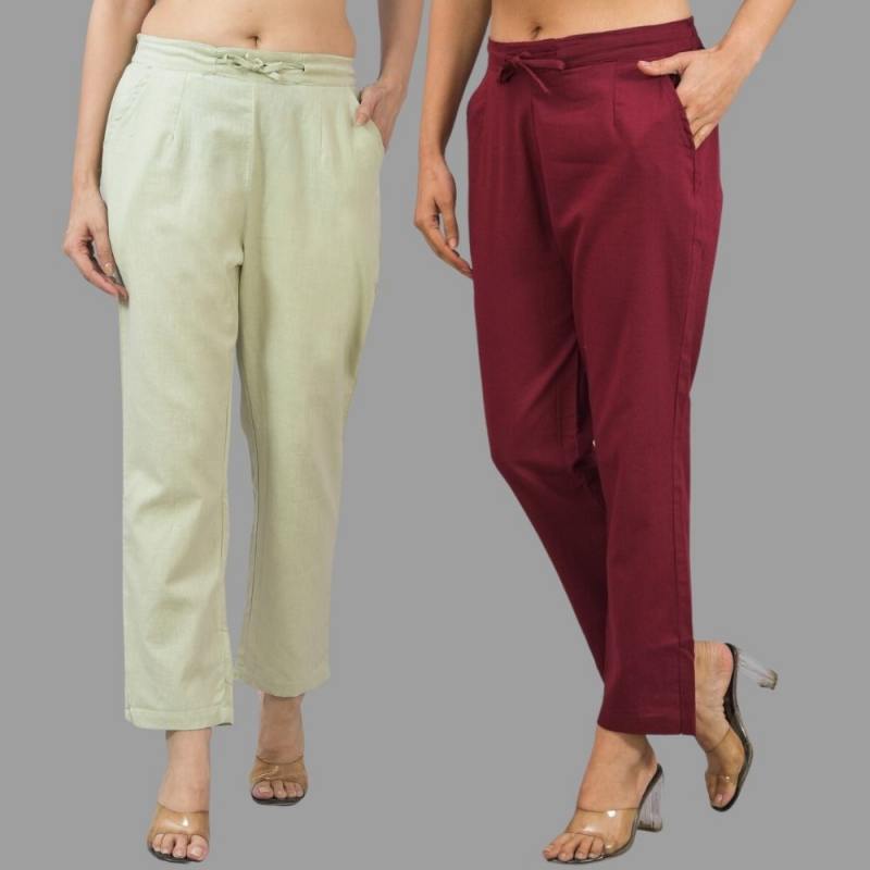 Combo of 2 Mint Green and Maroon Cotton Flax Women Trouser Pants-11345
