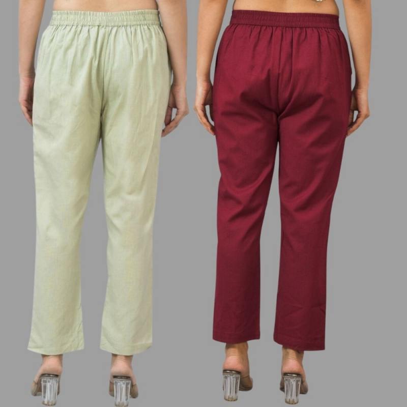 Combo of 2 Mint Green and Maroon Cotton Flax Women Trouser Pants-11345