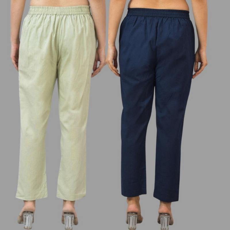 Combo of 2 Mint Green and Navy Blue Cotton Flax Women Trouser Pants-11347