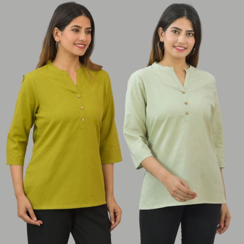Combo of 2 Mint Green and Olive Green Cotton Flax Women Top-10669