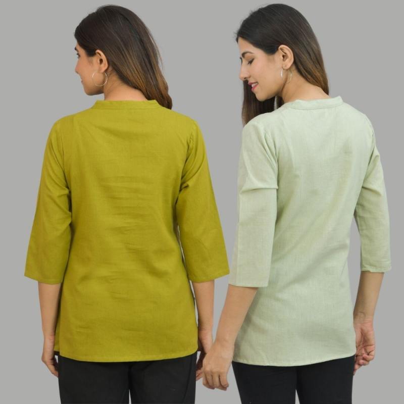 Combo of 2 Mint Green and Olive Green Cotton Flax Women Top-10669