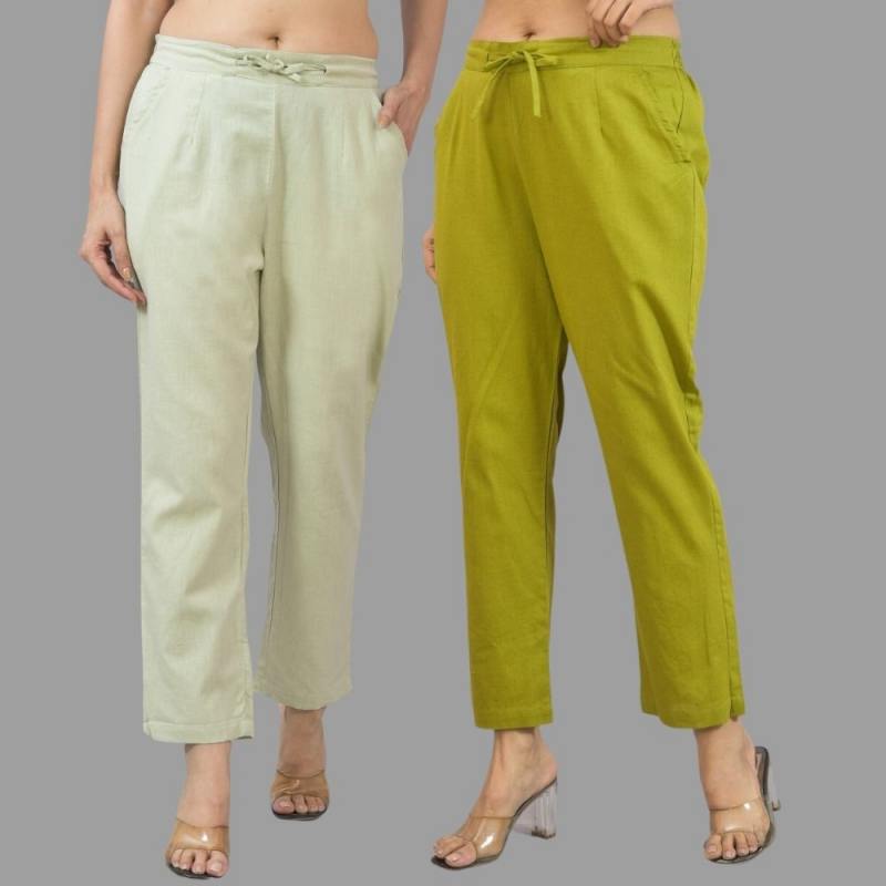 Combo of 2 Mint Green and Olive Green Cotton Flax Women Trouser Pants-11348
