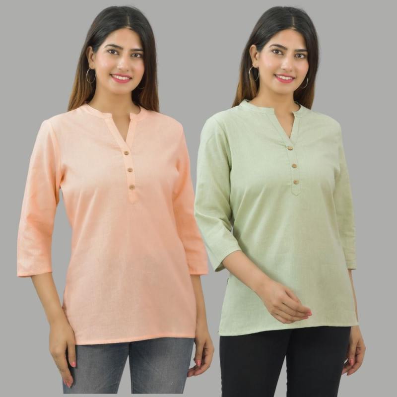 Combo of 2 Mint Green and Peach Cotton Flax Women Top-10695