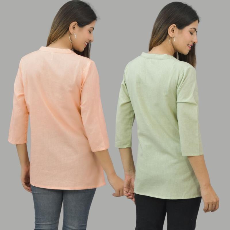 Combo of 2 Mint Green and Peach Cotton Flax Women Top-10695