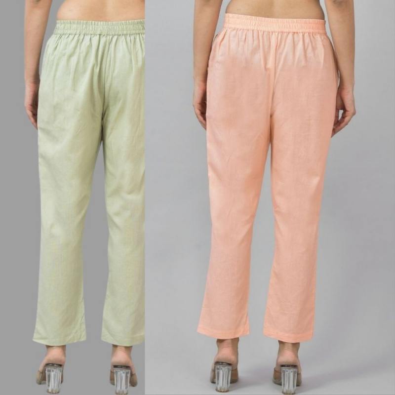 Combo of 2 Mint Green and Peach Cotton Flax Women Trouser Pants-11334
