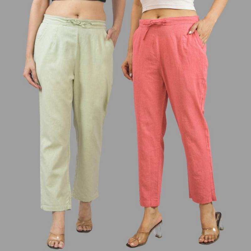 Combo of 2 Mint Green and Peach Cotton Flax Women Trouser Pants-11336