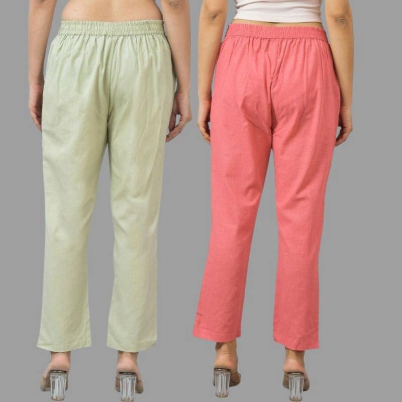 Combo of 2 Mint Green and Peach Cotton Flax Women Trouser Pants-11336