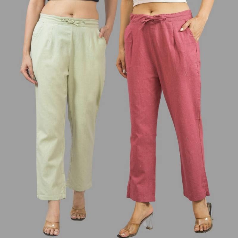 Combo of 2 Mint Green and Pink Cotton Flax Women Trouser Pants-11335