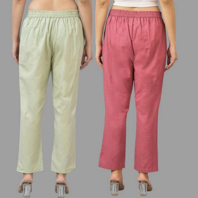 Combo of 2 Mint Green and Pink Cotton Flax Women Trouser Pants-11335