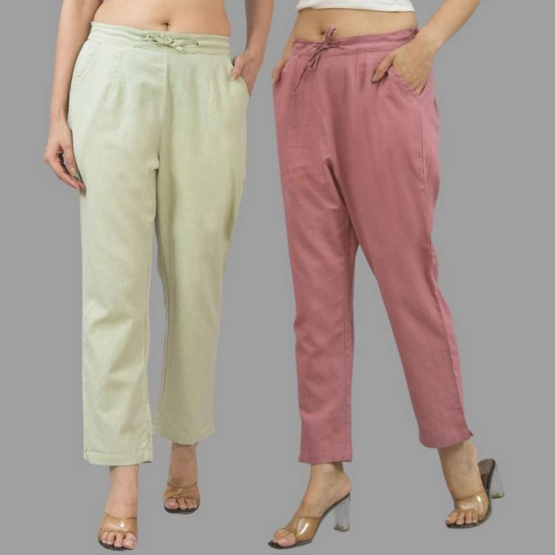 Combo of 2 Mint Green and Pink Cotton Flax Women Trouser Pants-11349